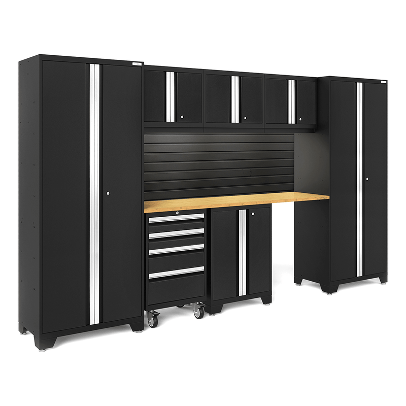 NewAge Products Bold Black 8-Piece Garage Cabinet Set with Bamboo Worktop, LED Lights and Black Steel Slatwall Backsplash
