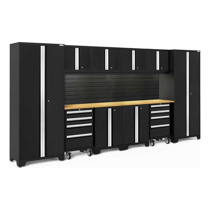 NewAge Products Bold Black 12-Piece Garage Cabinet System with Bamboo Worktops, LED Lights and Black Steel Slatwall Backsplash