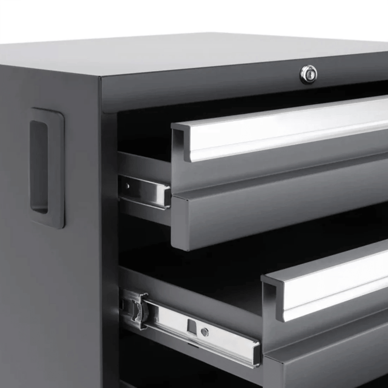 NewAge Products Bold Black 12-Piece Garage Cabinet System with Bamboo Worktops, LED Lights and Black Steel Slatwall Backsplash