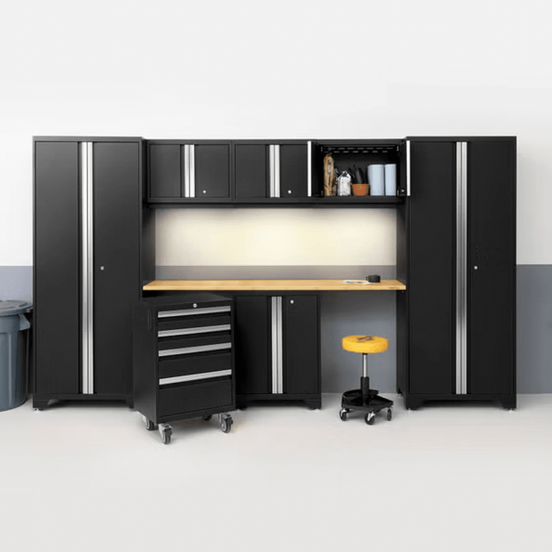 NewAge Products Bold Black 12-Piece Garage Cabinet System with Bamboo Worktops, LED Lights and Black Steel Slatwall Backsplash