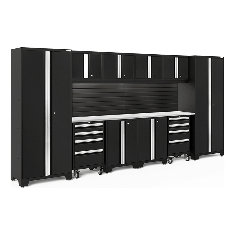 NewAge Products Bold Black 12-Piece Garage Cabinet System with Stainless Steel Worktops, LED Lights and Black Steel Slatwall Backsplash