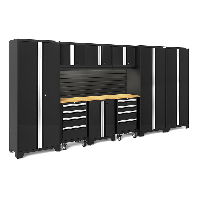NewAge Products Bold Black 10-Piece Garage Cabinet Set with Bamboo Worktop, LED Lights and Black Steel Slatwall Backsplash