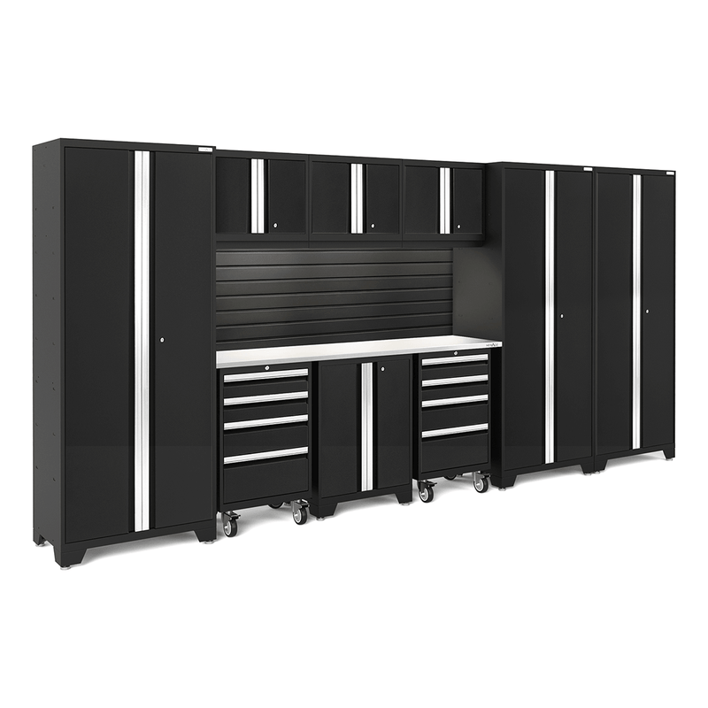 NewAge Products Bold Black 10-Piece Garage Cabinet Set with Stainless Steel Worktop, LED Lights and Black Steel Slatwall Backsplash