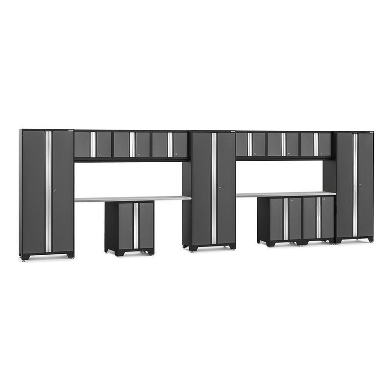NewAge Products Bold Grey 14-Piece Garage Cabinet Set with Stainless Steel Worktops