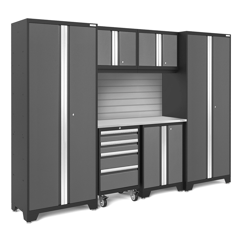 NewAge Products Bold Grey 7-Piece Garage Storage Cabinet System with Stainless Steel Worktop and Steel Slatwall Backsplash