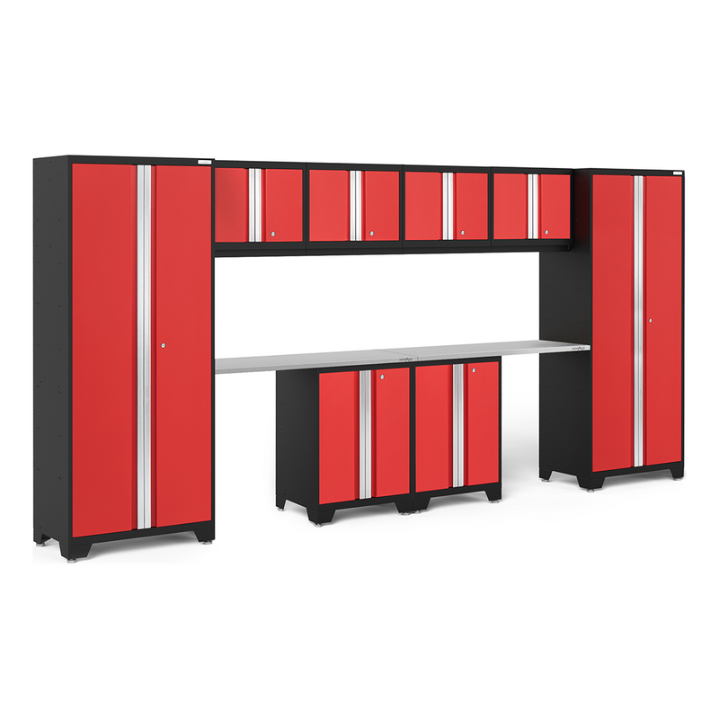 NewAge Products Bold Red 10-Piece Garage Cabinet System with Stainless Steel Worktops