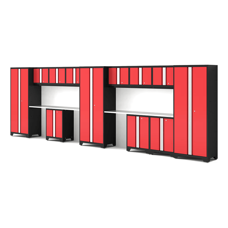NewAge Products Bold Red 14-Piece Garage Cabinet Set with Stainless Steel Worktops