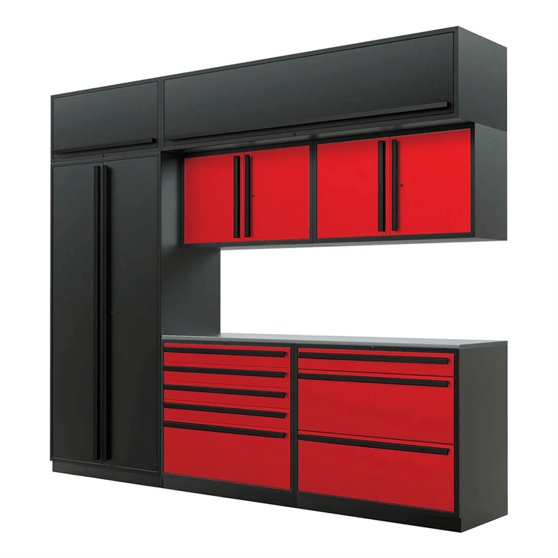 Proslat Special Edition Red and Black 8-Piece Garage Cabinet Set with Stainless Steel Countertop