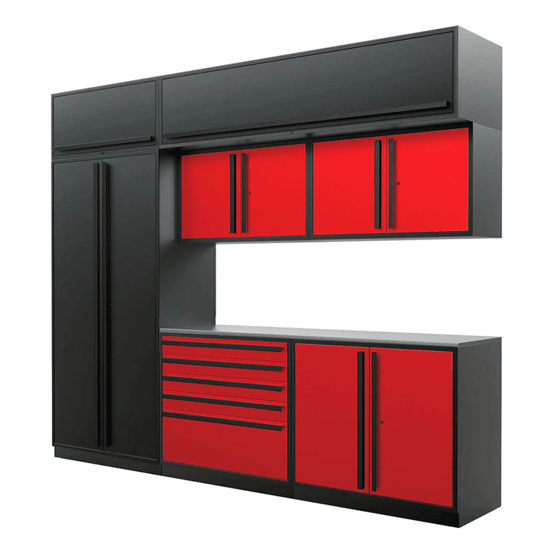 Proslat Special Edition Red and Black 8-Piece Garage Cabinet System with Stainless Steel Countertop
