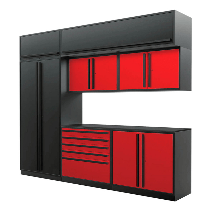 Proslat Special Edition Red and Black 8-Piece Garage Cabinet System with Powder Coated Countertop
