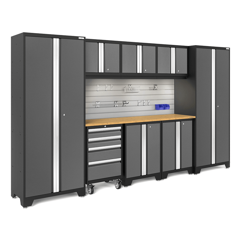 NewAge Products Bold Grey 9-Piece Garage Cabinet Set with Bamboo Worktop, LED Lights, Steel Slatwall Backsplash and Hook Accessory Kit