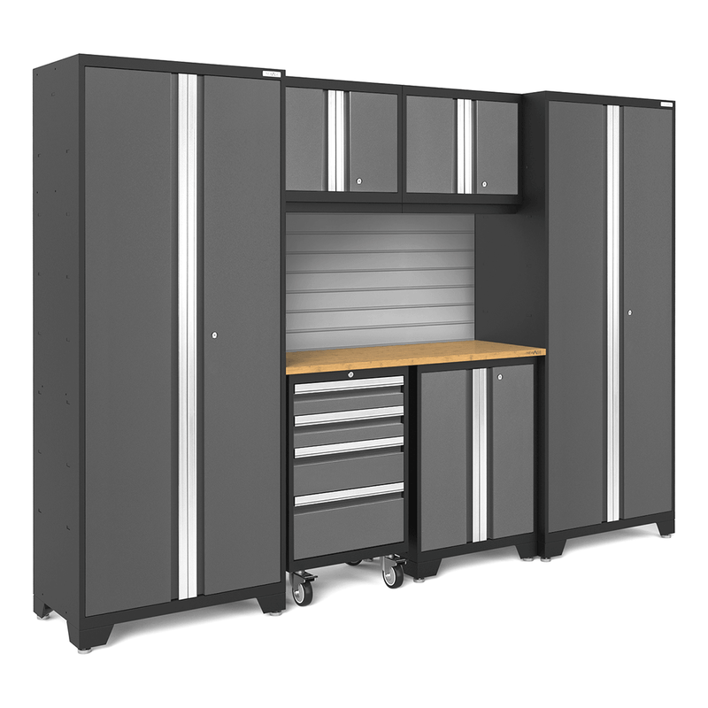 NewAge Products Bold Grey 7-Piece Garage Storage Cabinet System with Bamboo Worktop and Steel Slatwall Backsplash