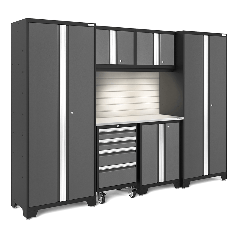 NewAge Products Bold Grey 7-Piece Garage Storage Cabinet Set with Stainless Steel Worktop, LED Lights and Steel Slatwall Backsplash