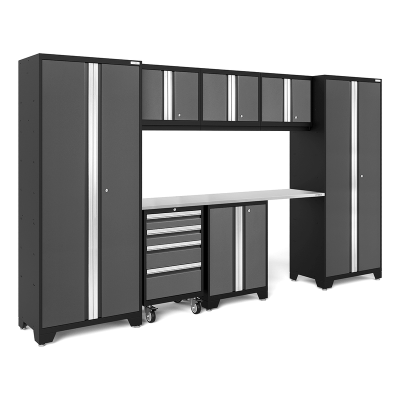 NewAge Products Bold Grey 8-Piece Garage Cabinet System with Stainless Steel Worktop