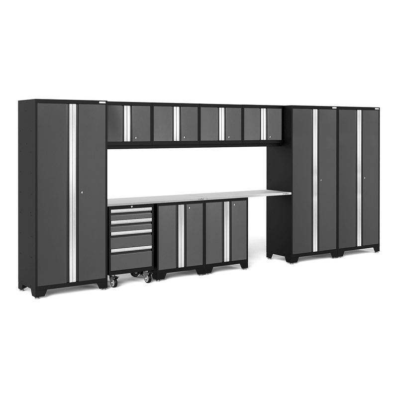 NewAge Products Bold Grey 12-Piece Garage Cabinet Set with Stainless Steel Worktops
