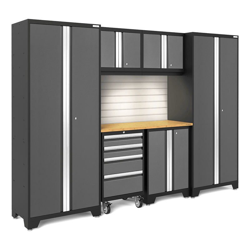 NewAge Products Bold Grey 7-Piece Garage Storage Cabinet Set with Bamboo Worktop, LED Lights and Steel Slatwall Backsplash