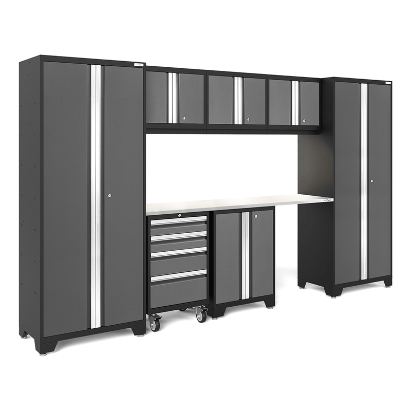 NewAge Products Bold Grey 8-Piece Garage Storage Cabinet System with Stainless Steel Worktop and LED Lights