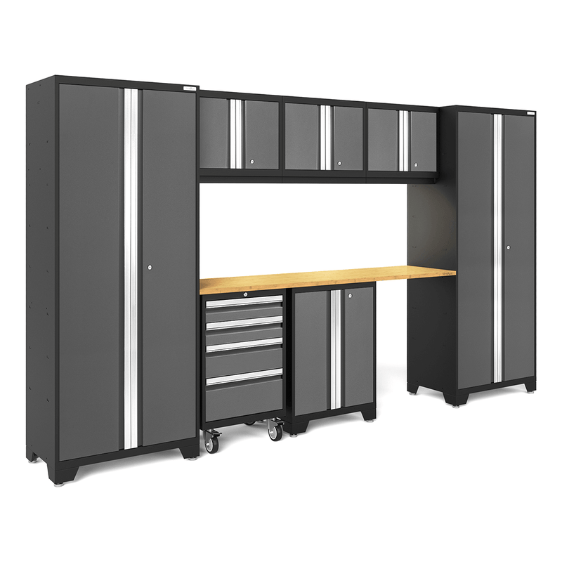 NewAge Products Bold Grey 8-Piece Garage Storage Cabinet System with Bamboo Worktop and LED Lights