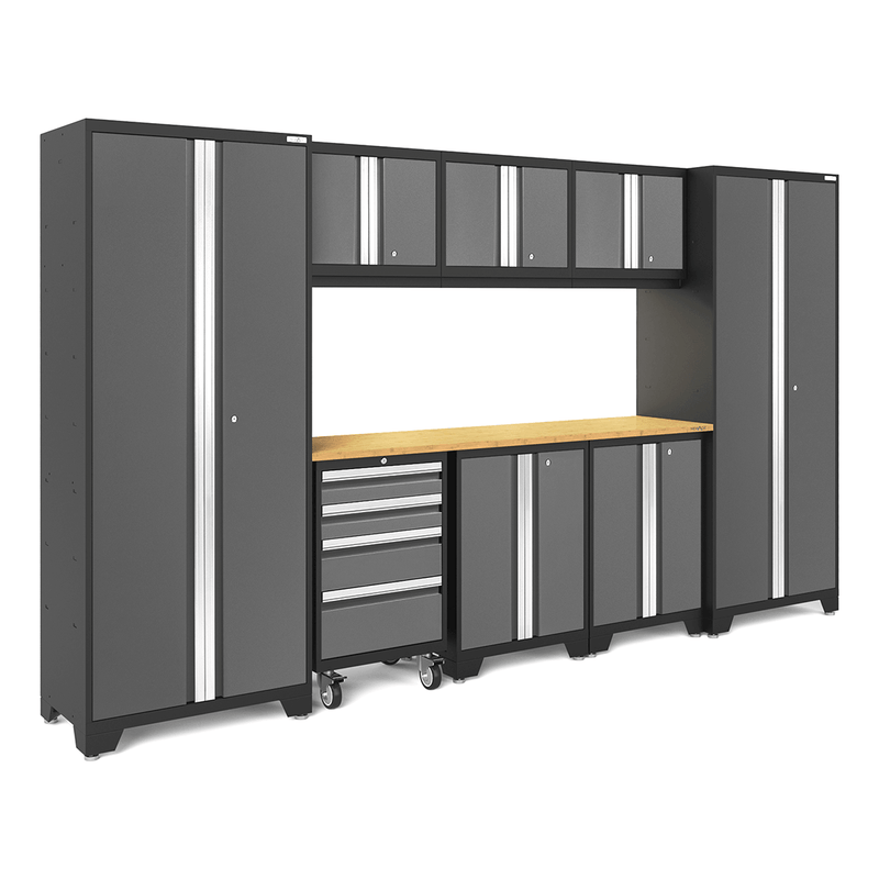 NewAge Products Bold Grey 9-Piece Garage Cabinet Set with Bamboo Worktop and LED Lights