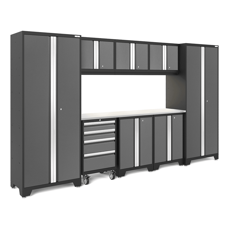 NewAge Products Bold Grey 9-Piece Garage Cabinet Set with Stainless Steel Worktop and LED Lights