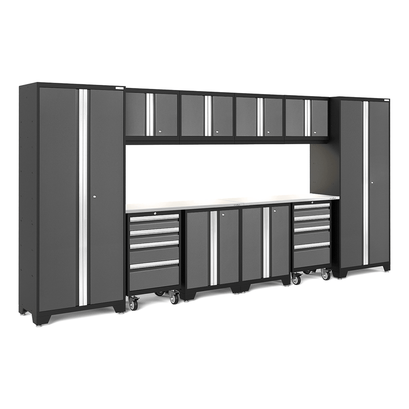 NewAge Products Bold Grey 12-Piece Garage Storage Cabinet System with Stainless Steel Worktops and LED Lights