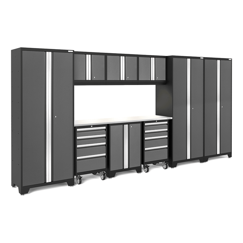 NewAge Products Bold Grey 10-Piece Garage Cabinet Set with Stainless Steel Worktop and LED Lights