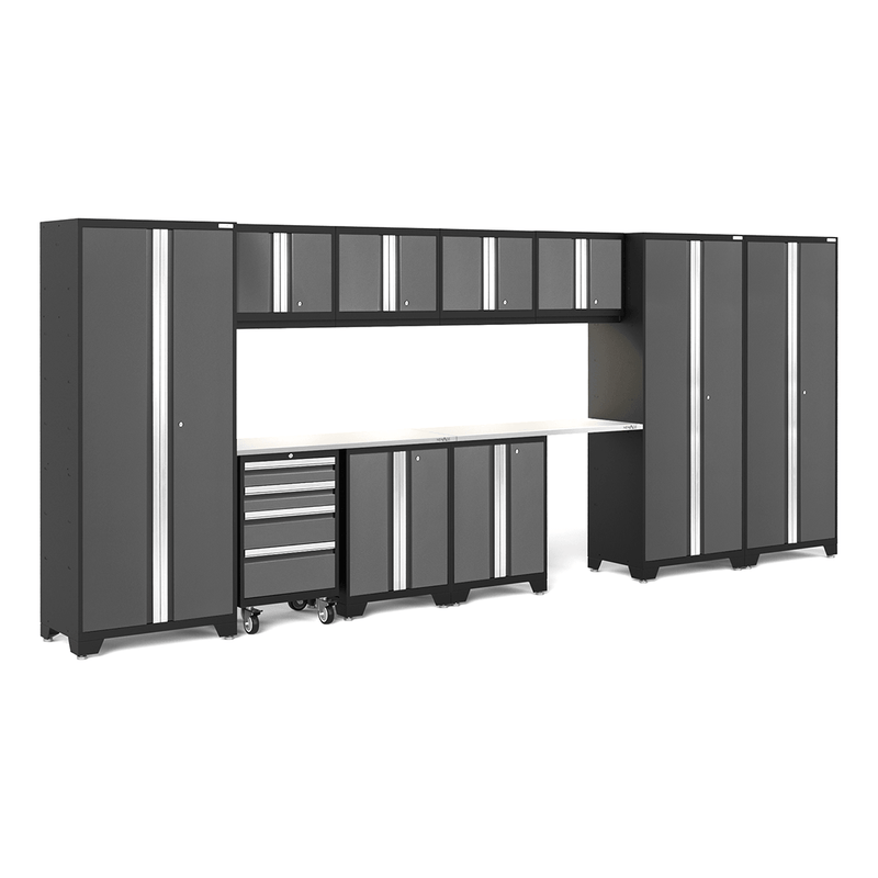 NewAge Products Bold Grey 12-Piece Garage Cabinet Setup with Stainless Steel Worktops and LED Lights