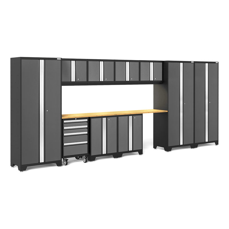 NewAge Products Bold Grey 12-Piece Garage Cabinet Setup with Bamboo Worktops and LED Lights