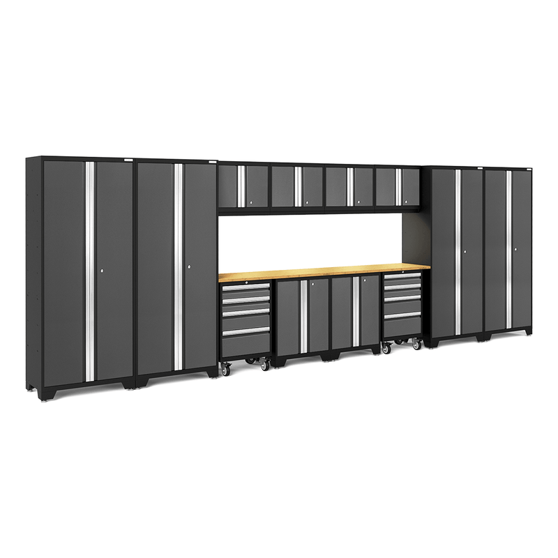NewAge Products Bold Grey 14-Piece Garage Cabinet System with Bamboo Worktops and LED Lights