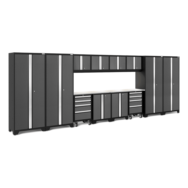 NewAge Products Bold Grey 14-Piece Garage Cabinet System with Stainless Steel Worktops and LED Lights