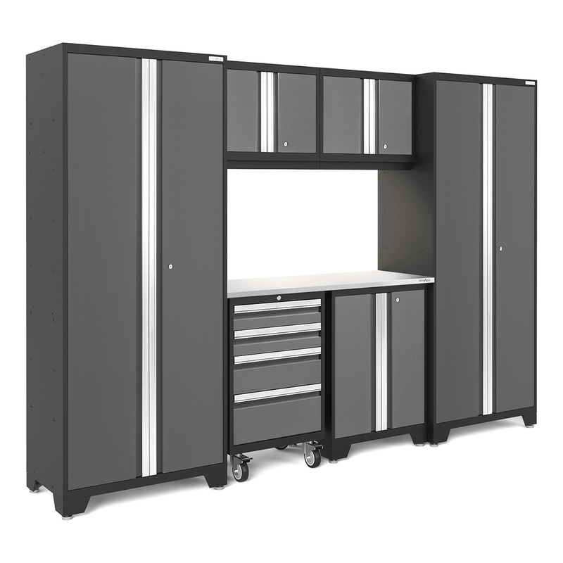 NewAge Products Bold Grey 7-Piece Garage Storage Cabinet System with Stainless Steel Worktop and LED Lights