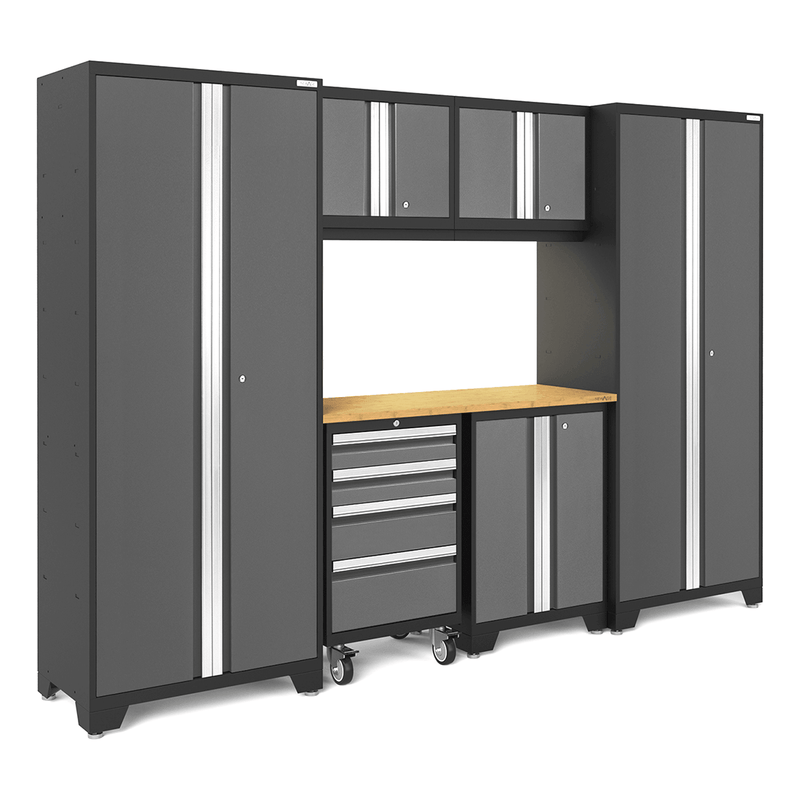 NewAge Products Bold Grey 7-Piece Garage Storage Cabinet System with Bamboo Worktop and LED Lights