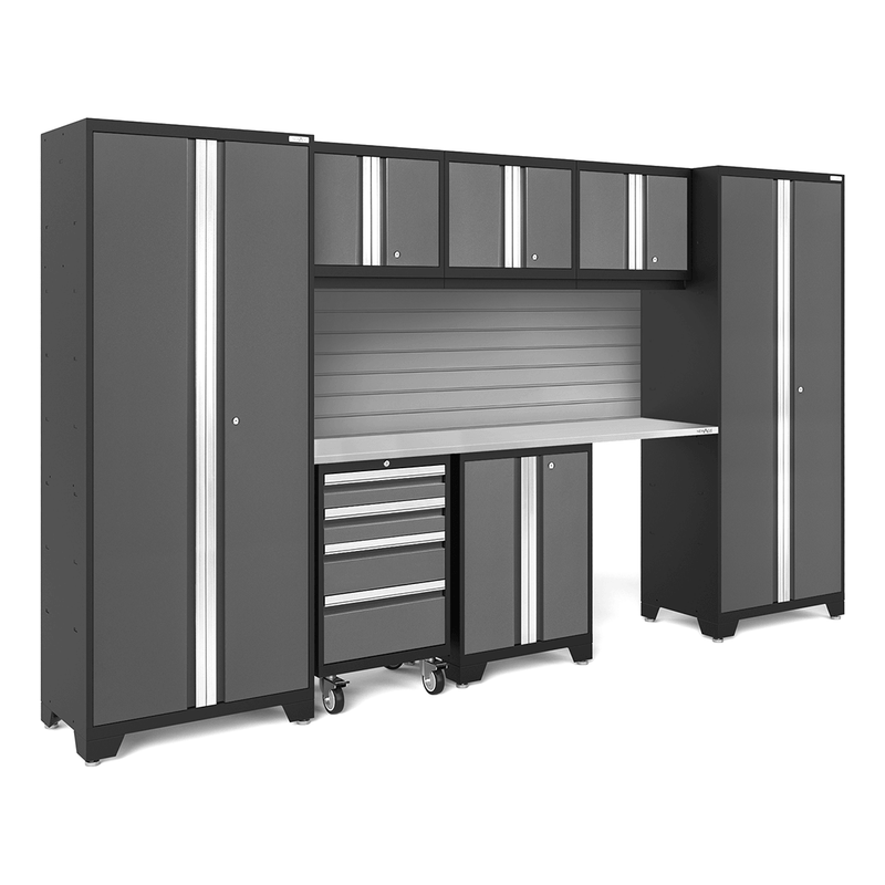 NewAge Products Bold Grey 8-Piece Garage Cabinet Set with Stainless Steel Worktop and Steel Slatwall Backsplash