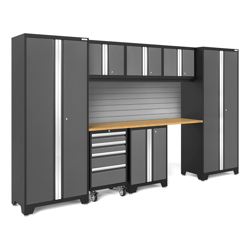 NewAge Products Bold Grey 8-Piece Garage Cabinet Set with Bamboo Worktop and Steel Slatwall Backsplash
