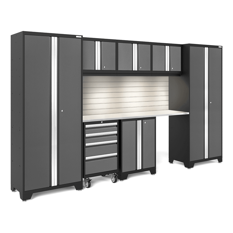 NewAge Products Bold Grey 8-Piece Garage Cabinet Set with Stainless Steel Worktop, LED Lights and Steel Slatwall Backsplash