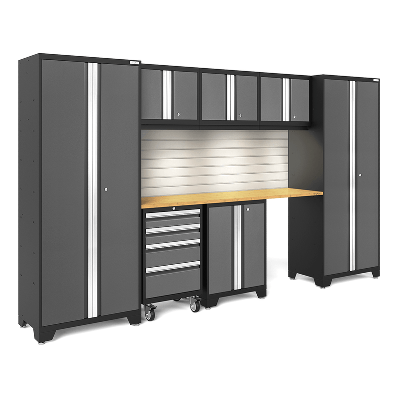 NewAge Products Bold Grey 8-Piece Garage Cabinet Set with Bamboo Worktop, LED Lights and Steel Slatwall Backsplash