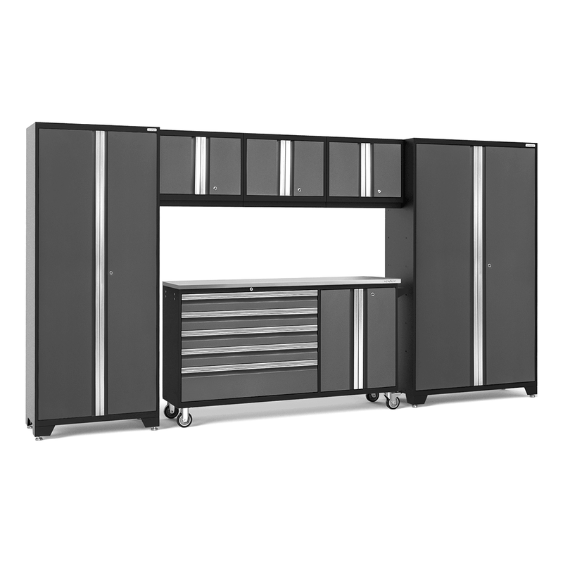 NewAge Products Bold Grey 7-Piece Garage Cabinet Set with Stainless Steel Worktop