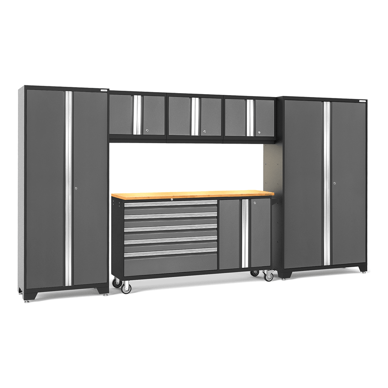 NewAge Products Bold Grey 7-Piece Garage Cabinet System with Bamboo Worktop and LED Lights