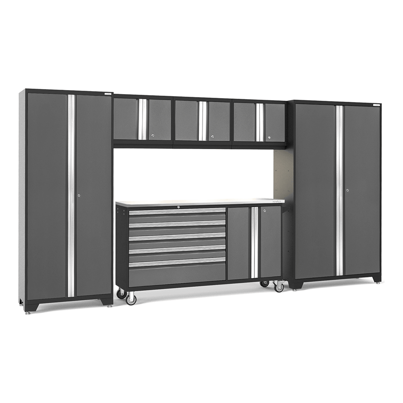 NewAge Products Bold Grey 7-Piece Garage Cabinet System with Stainless Steel Worktop and LED Lights