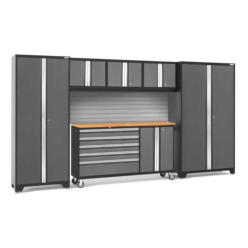 NewAge Products Bold Grey 7-Piece Garage Storage Cabinet Set with Bamboo Worktop and Steel Slatwall Backsplash