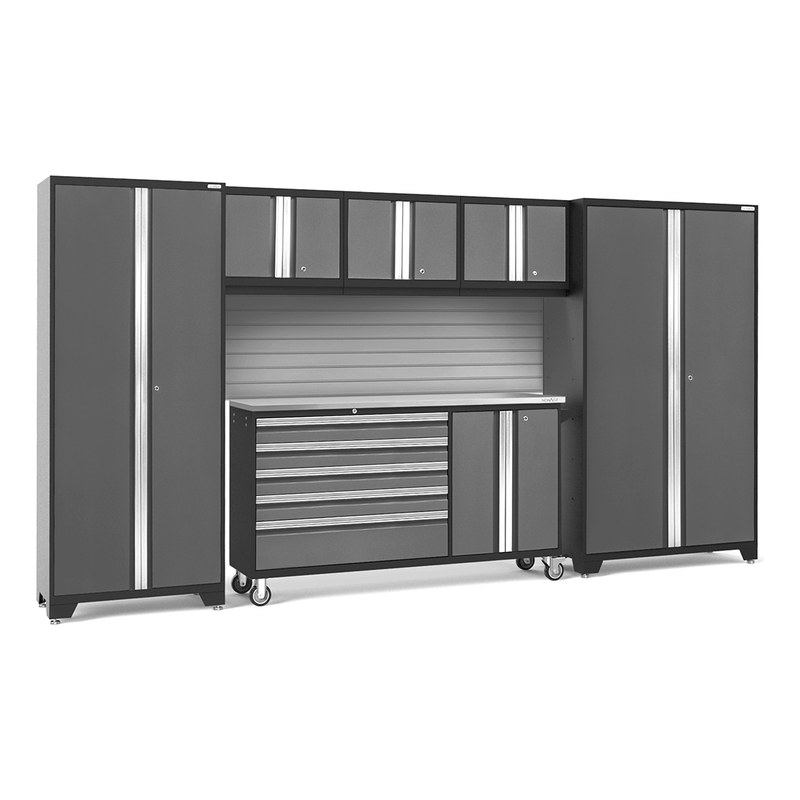 NewAge Products Bold Grey 7-Piece Garage Storage Cabinet Set with Stainless Steel Worktop and Steel Slatwall Backsplash