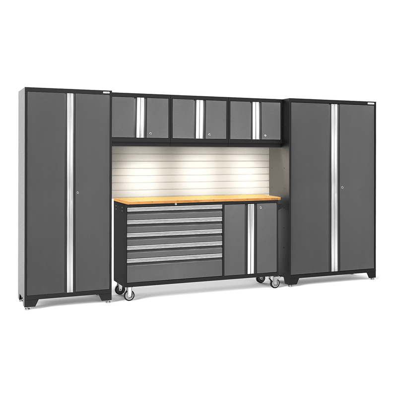 NewAge Products Bold Grey 7-Piece Garage Cabinet System with Bamboo Worktop, LED Lights and Steel Slatwall Backsplash