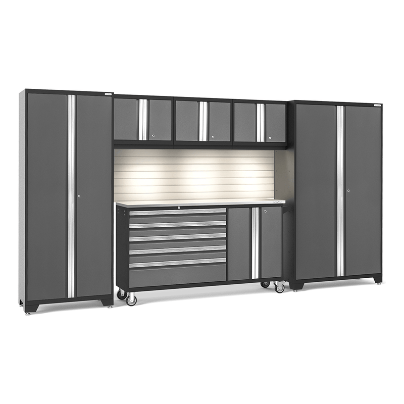 NewAge Products Bold Grey 7-Piece Garage Cabinet System with Stainless Steel Worktop, LED Lights and Steel Slatwall Backsplash