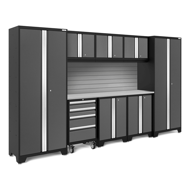 NewAge Products Bold Grey 9-Piece Garage Cabinet Set with Stainless Steel Worktop and Steel Slatwall Backsplash