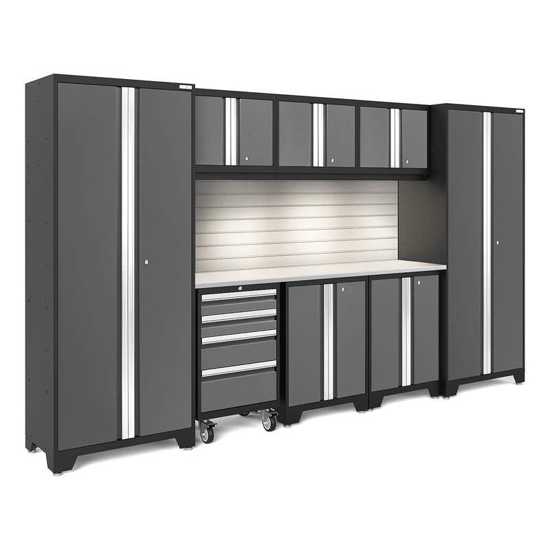 NewAge Products Bold Grey 9-Piece Garage Cabinet Set with Stainless Steel Worktop, LED Lights and Steel Slatwall Backsplash