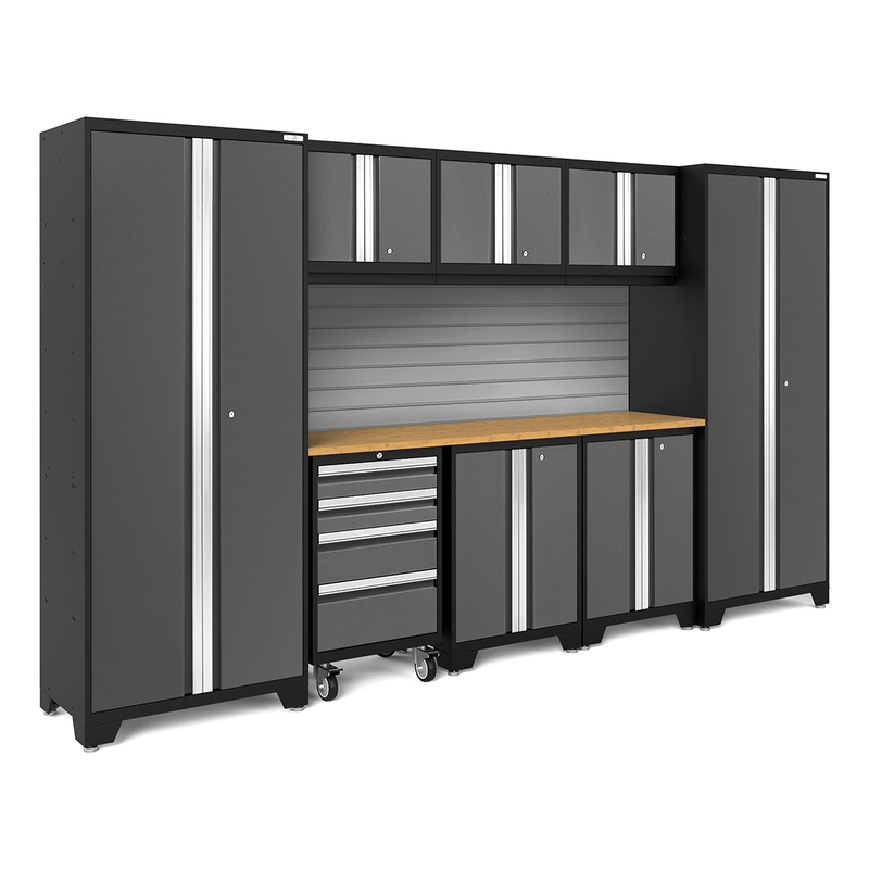 NewAge Products Bold Grey 9-Piece Garage Cabinet Set with Bamboo Worktop and Steel Slatwall Backsplash