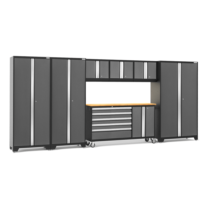 NewAge Products Bold Grey 8-Piece Garage Cabinet System with Bamboo Worktop and LED Lights