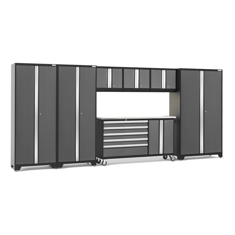 NewAge Products Bold Grey 8-Piece Garage Cabinet System with Stainless Steel Worktop and LED Lights