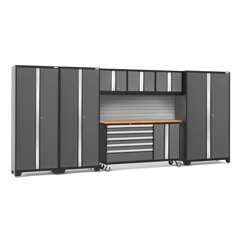 NewAge Products Bold Grey 8-Piece Garage Cabinet System with Bamboo Worktop and Steel Slatwall Backsplash