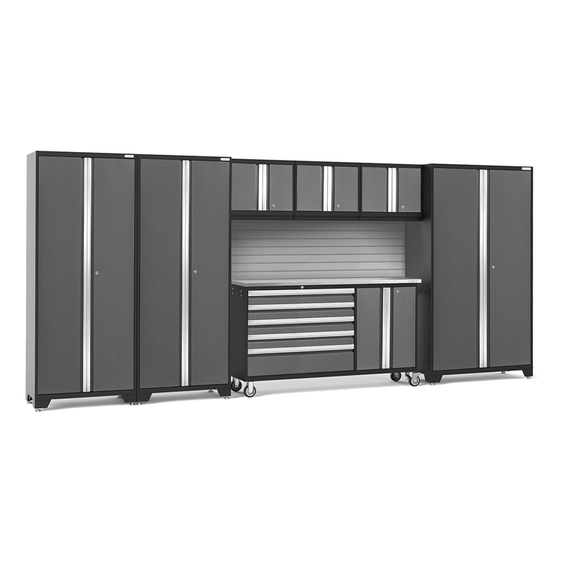 NewAge Products Bold Grey 8-Piece Garage Cabinet System with Stainless Steel Worktop and Steel Slatwall Backsplash